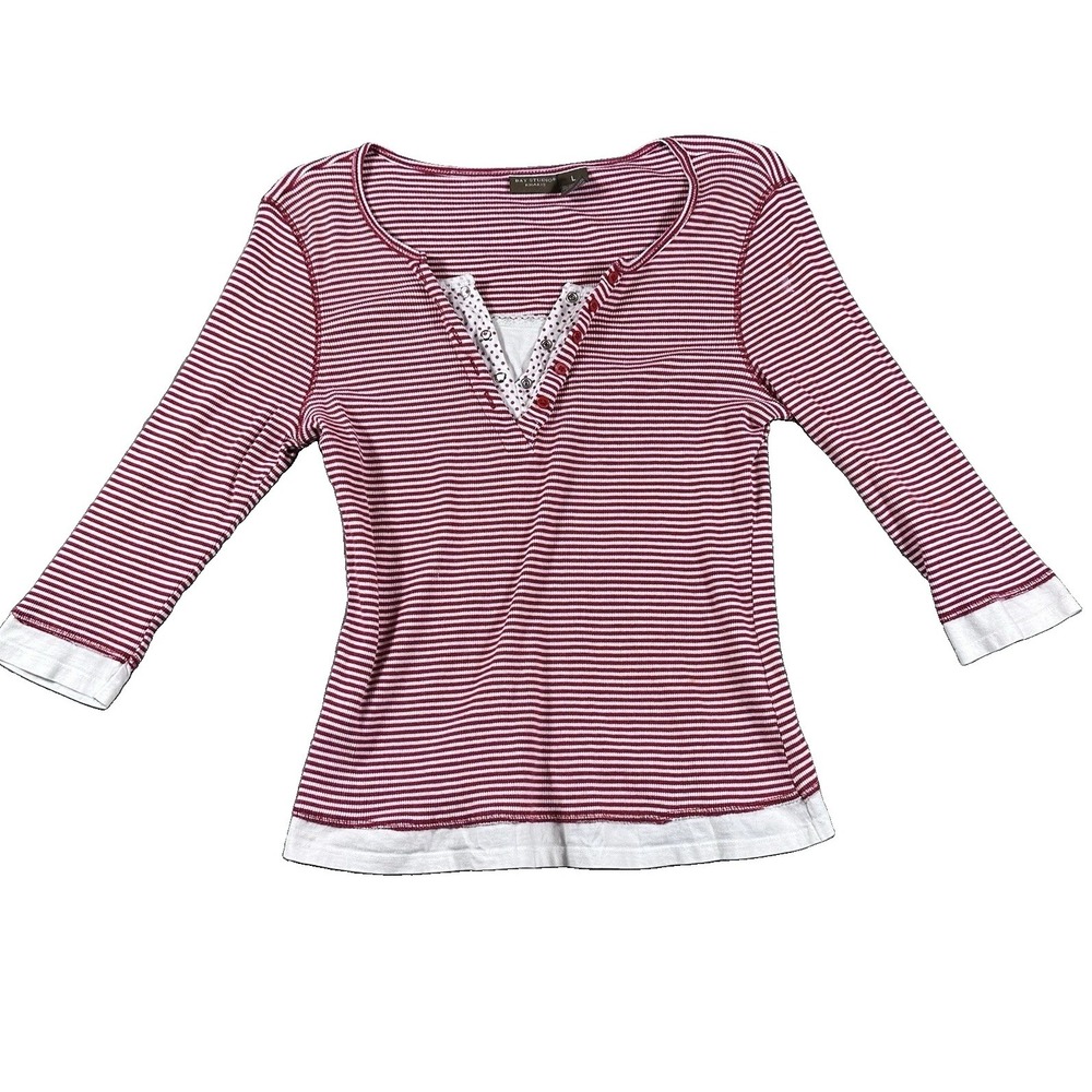 VTG Y2K Red White Striped Henley Top Ribbed Knit Layered 3/4 Sleeve Womens Large
